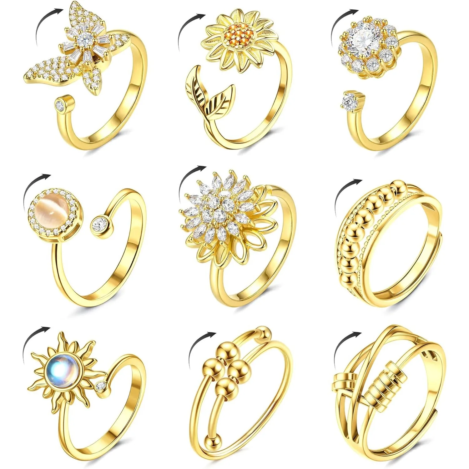 ORAZIO 14K Gold Plated Fidget Ring for Women Adjustable Anxiety Rings Open CZ Butterfly Sunflower Bead Spinner Rings
ORAZIO 14K Gold Plated Fidget Ring for Women Adjustable Anxiety Rings Open CZ Butterfly Sunflower Bead Spinner Rings