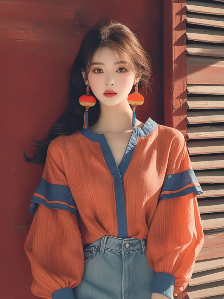 Spring Autumn Shirts V Neck Lantern Sleeve Ruffles Patchwork Contrast Color Blouses Vintage All Match Design Women Clothing 2025
Spring Autumn Shirts V Neck Lantern Sleeve Ruffles Patchwork Contrast Color Blouses Vintage All Match Design Women Clothing 2025