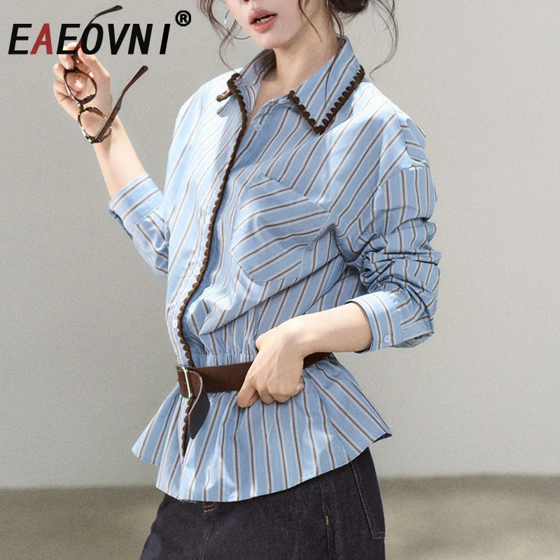 EAEOVNI Blue Striped Casual Women's Shirt Lapel Collar Belt Gathered Waist Long Sleeve Fashion Blouse 2026 Spring New Clothing
EAEOVNI Blue Striped Casual Women's Shirt Lapel Collar Belt Gathered Waist Long Sleeve Fashion Blouse 2026 Spring New Clothing