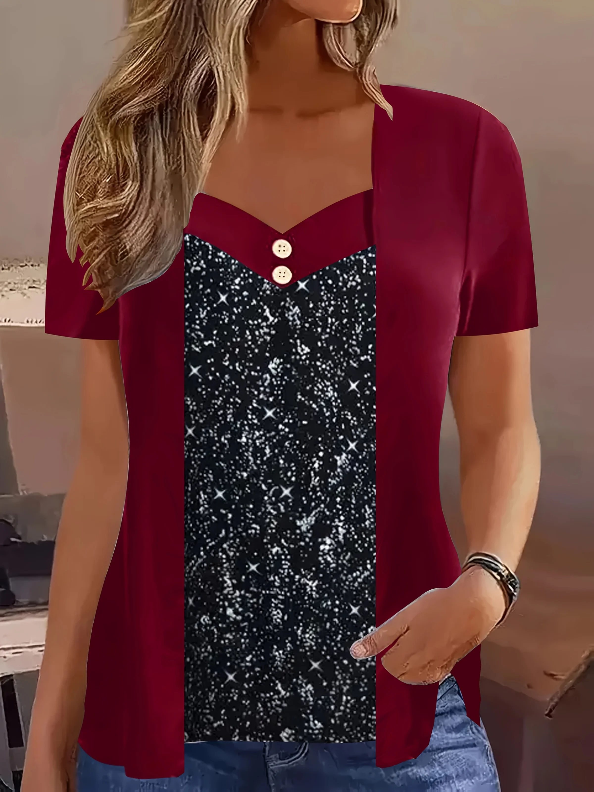 Elegant Summer V-Neck Button Detail Mock Two-Piece Contrast Print Blouse - Plus Size Women's Casual Short Sleeve T-Shirt
Elegant Summer V-Neck Button Detail Mock Two-Piece Contrast Print Blouse - Plus Size Women's Casual Short Sleeve T-Shirt