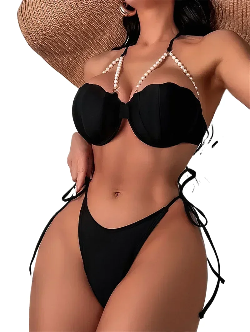 Sexy Black Halter Bikinis Sets Mujer Push Up Swimwear Women Thong Swimsuits Pearl Metal Bathing Suit Bikini Biquinis
Sexy Black Halter Bikinis Sets Mujer Push Up Swimwear Women Thong Swimsuits Pearl Metal Bathing Suit Bikini Biquinis