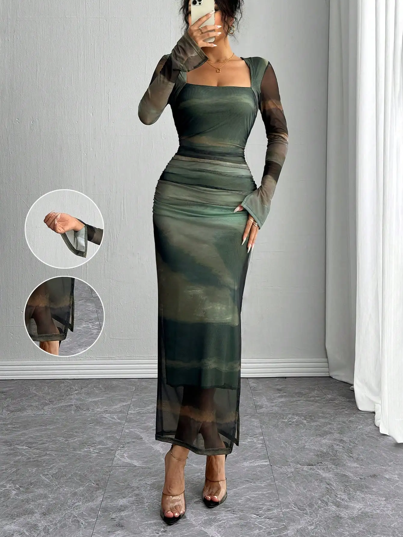 Olive Green Mesh Long Sleeve Fitted Maxi Dress with Square Neck and Split Cuffs
Olive Green Mesh Long Sleeve Fitted Maxi Dress with Square Neck and Split Cuffs
