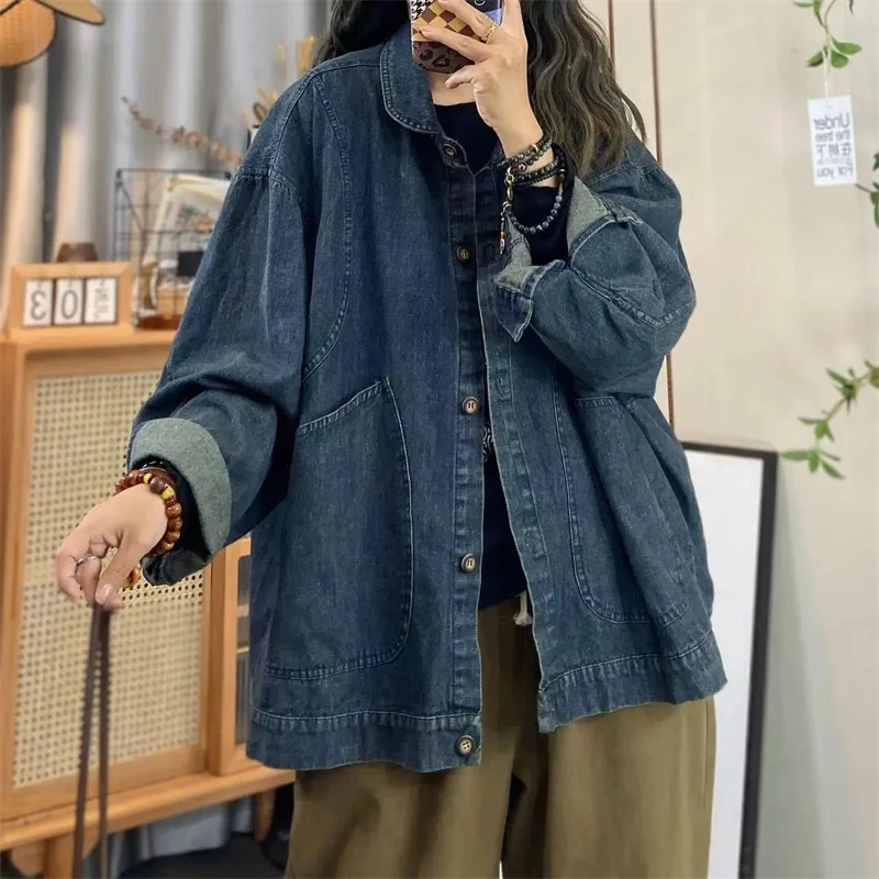 Feminine Long Sleeves Pocket Jeans Tops Spring Autumn Ladies Lapel Loose Cowboy Jacket Retro Women Fashion Casual Denim Outwear
Feminine Long Sleeves Pocket Jeans Tops Spring Autumn Ladies Lapel Loose Cowboy Jacket Retro Women Fashion Casual Denim Outwear