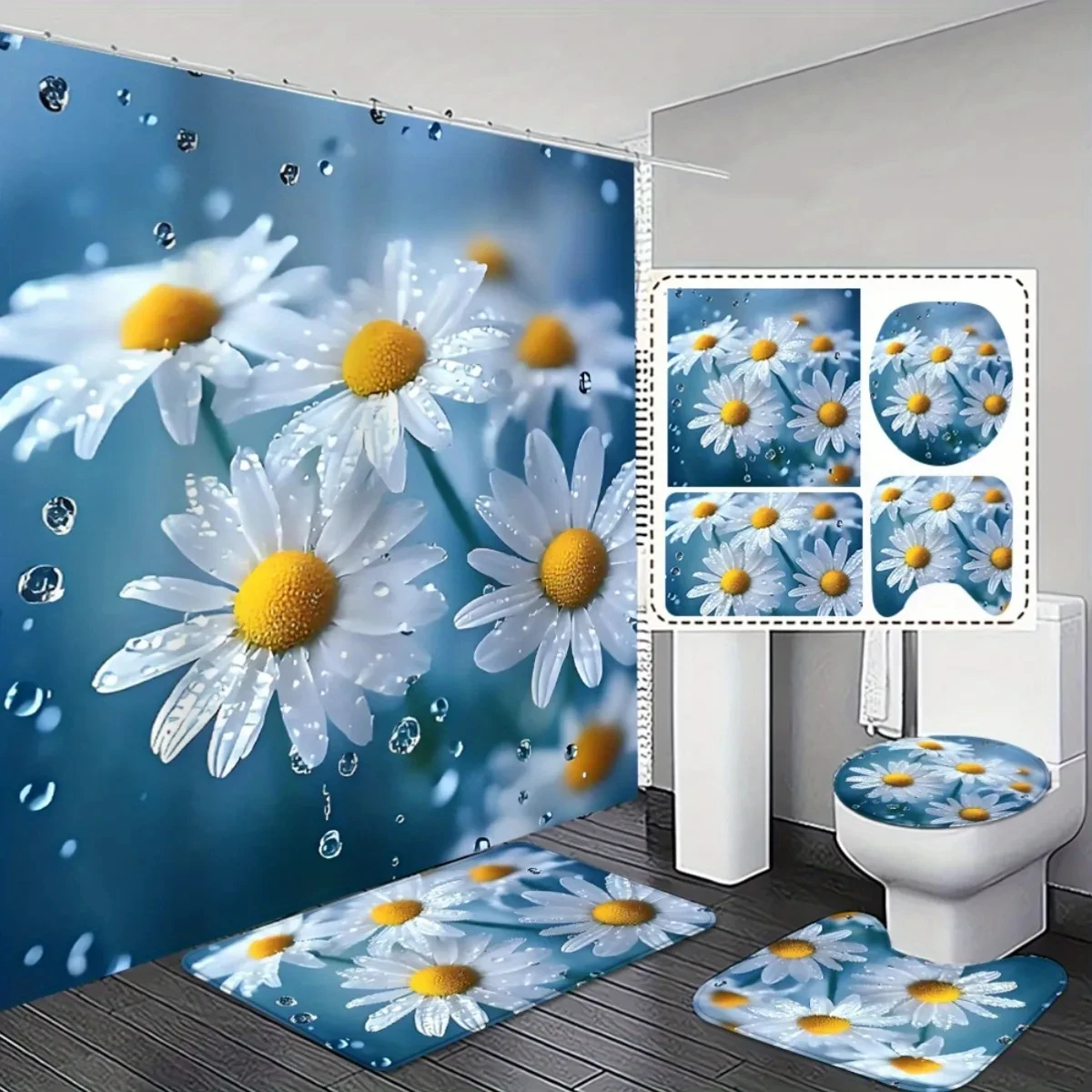 Набор из 4 предметов: шторка для душа с цветочным узором (ромашки), коврики, накладка на крышку унитаза с растительным принтом и коврик для ванной комнаты
Набор из 4 предметов: шторка для душа с цветочным узором (ромашки), коврики, накладка на крышку унитаза с растительным принтом и коврик для ванной комнаты