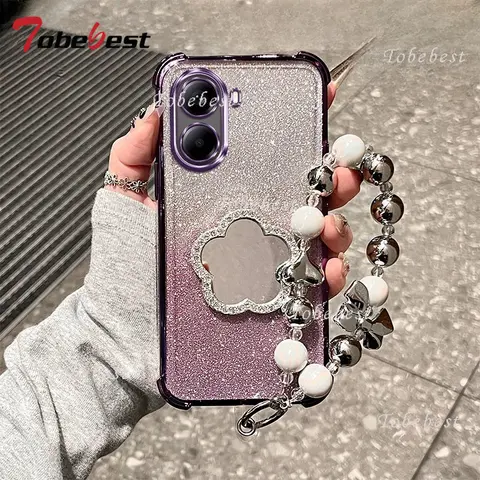 Glitter Shockproof Plating Flower Mirror Bracelet Case for Xiaomi POCO X7 X6 X5 X3 NFC Redmi Turbo 4 3 Pro Silicone Cover