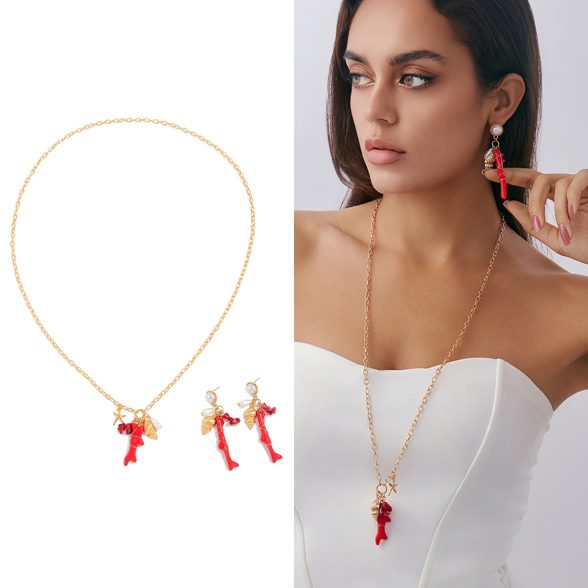 SHIXIN Simple Conch Starfish Red Coral Long Pendant Necklace Drop Earrings Jewelry Set For Women Sweater Chain Jewelry Accessory
SHIXIN Simple Conch Starfish Red Coral Long Pendant Necklace Drop Earrings Jewelry Set For Women Sweater Chain Jewelry Accessory