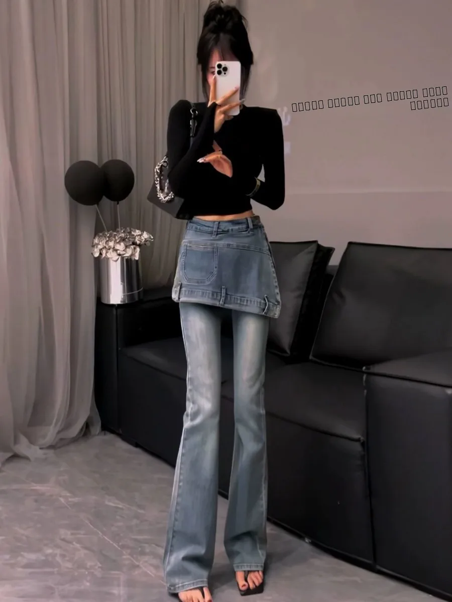 American Style Retro High Waist Slimming Fake Two-Piece Micro Flare Denim Jeans Women's Fashionable Long Pants Autumn Blue
American Style Retro High Waist Slimming Fake Two-Piece Micro Flare Denim Jeans Women's Fashionable Long Pants Autumn Blue