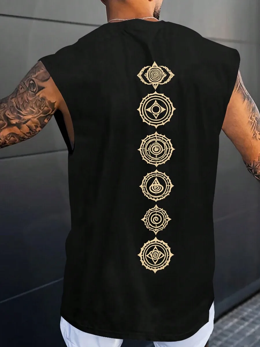 Men's Black Sleeveless Loose Fit Tee with Gold Geometric Back Print
Men's Black Sleeveless Loose Fit Tee with Gold Geometric Back Print