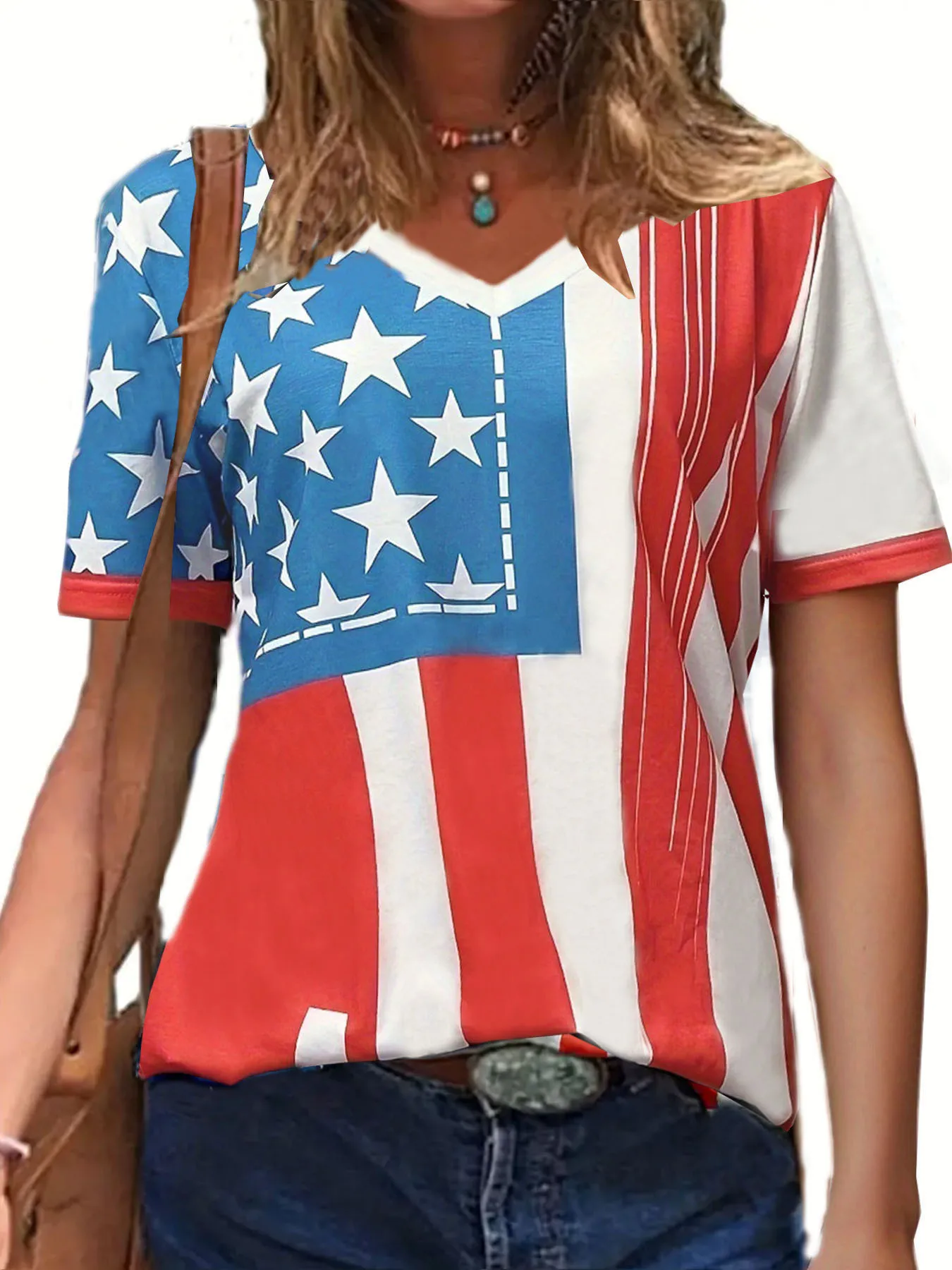 2024 Eurolish New Women's Solid Color Blocking Ins Casual Fashion American-Flag Independence-Day V-neck Short-sleeved T-shirt
2024 Eurolish New Women's Solid Color Blocking Ins Casual Fashion American-Flag Independence-Day V-neck Short-sleeved T-shirt