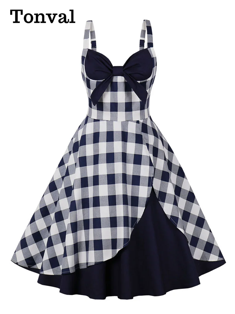Tonval V-Neck Bow Front Gingham and Navy 50s Rockabilly Dresses 95% Cotton for Women Spaghetti Strap Summer Cocktail Party Dress
Tonval V-Neck Bow Front Gingham and Navy 50s Rockabilly Dresses 95% Cotton for Women Spaghetti Strap Summer Cocktail Party Dress