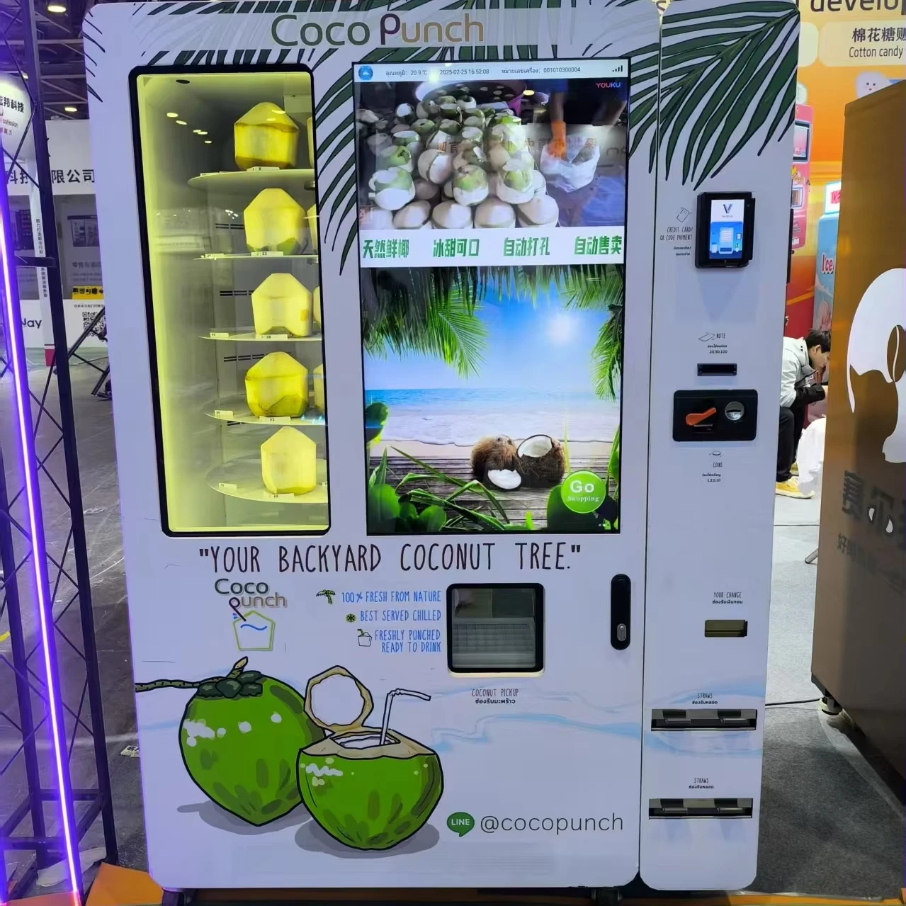 New design 43-inch smart touch screen visual window fully automatic mechanical hand cold coconut vending machine
New design 43-inch smart touch screen visual window fully automatic mechanical hand cold coconut vending machine