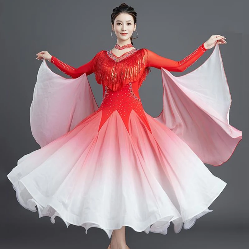 Ballroom Dress Standard Waltz Dress Women Modern Dance Stage Clothes Gradient Red Long Dresses Standard Tassel Dance Wear 2497
Ballroom Dress Standard Waltz Dress Women Modern Dance Stage Clothes Gradient Red Long Dresses Standard Tassel Dance Wear 2497