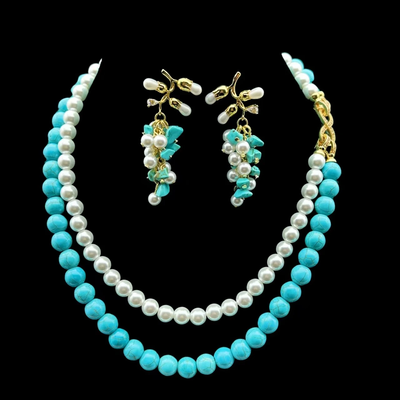New Vintage Turquoise Stone Beads Pearl Double Layered Necklace Tassel Earrings Two-Piece Set Women Jewelry Set High-Quality
New Vintage Turquoise Stone Beads Pearl Double Layered Necklace Tassel Earrings Two-Piece Set Women Jewelry Set High-Quality
