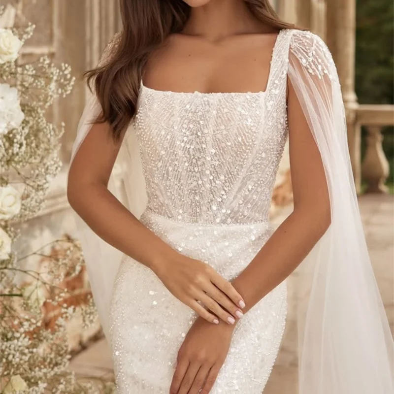 Shiny beading Lace white Wedding Dresses glitter decal off-shoulder fishtail Bridal Gowns multi-layer Made Customized
Shiny beading Lace white Wedding Dresses glitter decal off-shoulder fishtail Bridal Gowns multi-layer Made Customized