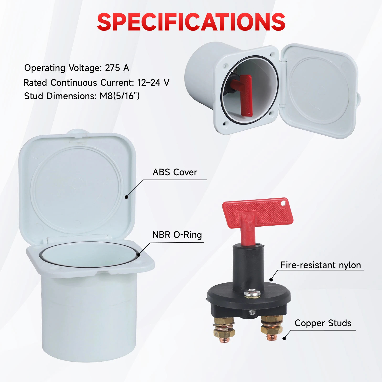 275A 12V-24V Battery Isolator Main Power Disconnect Switch M8 Stud White Enclosed Removable Key For Marine Boat RV Caravan ABS
275A 12V-24V Battery Isolator Main Power Disconnect Switch M8 Stud White Enclosed Removable Key For Marine Boat RV Caravan ABS