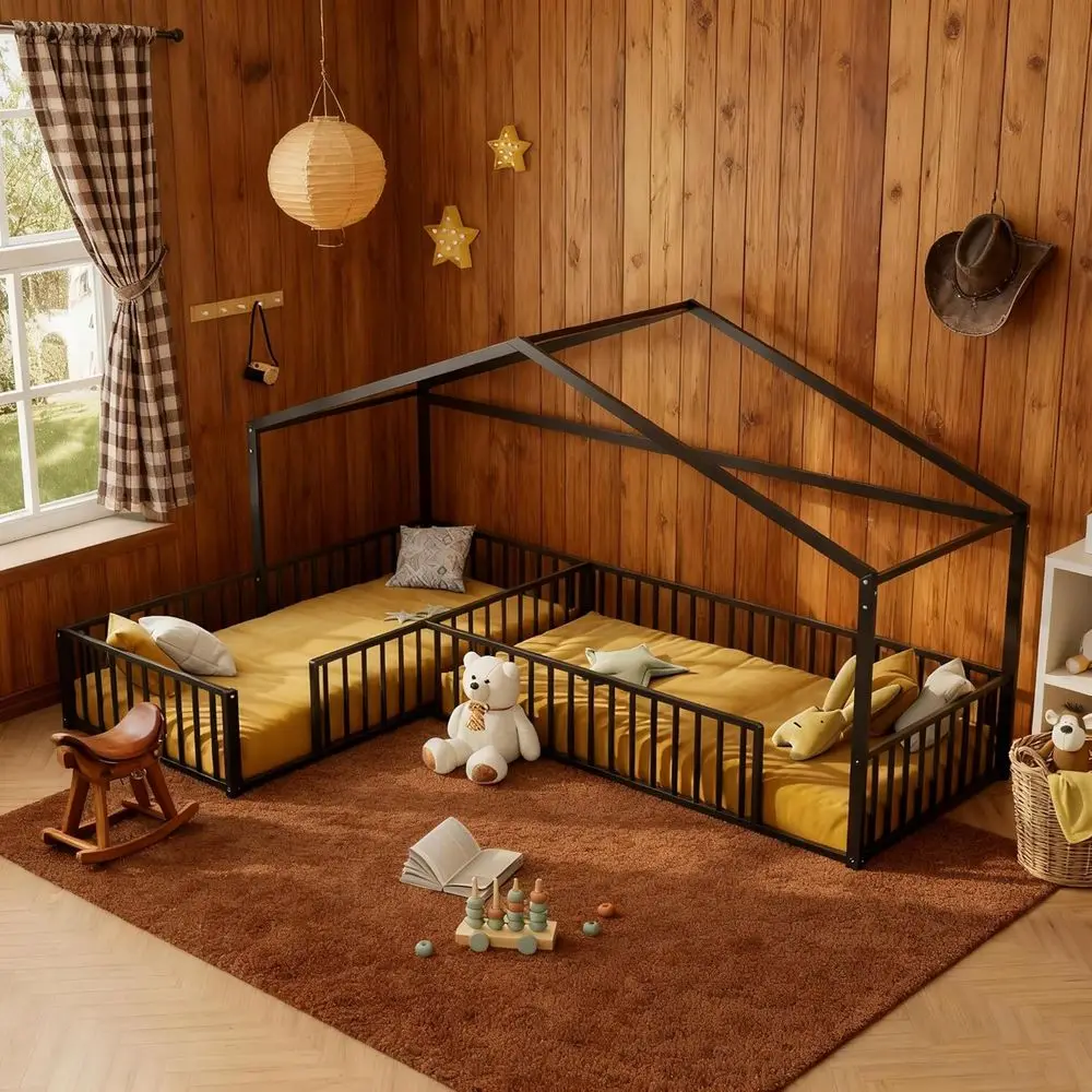 Double Twin Bed for Kids, L-Shaped Metal Loft Bed with Desk, Montessori-Style Bed without Slats in Black
Double Twin Bed for Kids, L-Shaped Metal Loft Bed with Desk, Montessori-Style Bed without Slats in Black