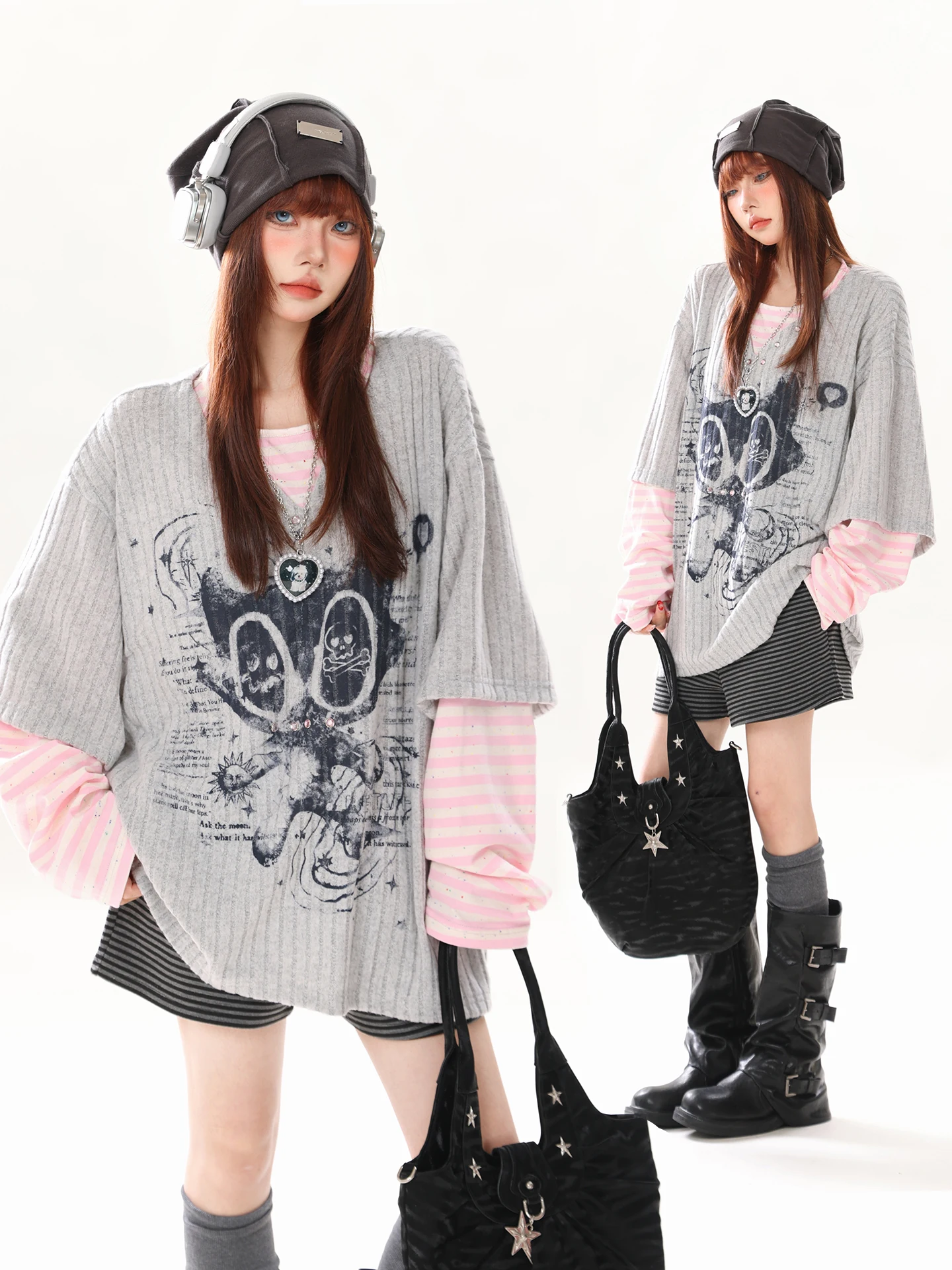 k Long Sve T-irt Fake Two-Piece Oversize Loose Fit V-Ne Cotton Blend Spring 2026 Women's Faion Casual Top
k Long Sve T-irt Fake Two-Piece Oversize Loose Fit V-Ne Cotton Blend Spring 2026 Women's Faion Casual Top