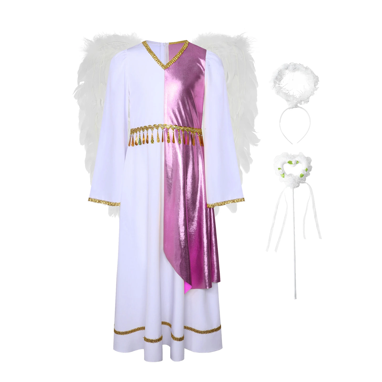 4Pcs Girls Angel Costume Golden Woven Trim V-Neck Flared Sleeve Sequins Tassels Star Pattern Dress+Headband+Fairy Sticks+Wing
4Pcs Girls Angel Costume Golden Woven Trim V-Neck Flared Sleeve Sequins Tassels Star Pattern Dress+Headband+Fairy Sticks+Wing