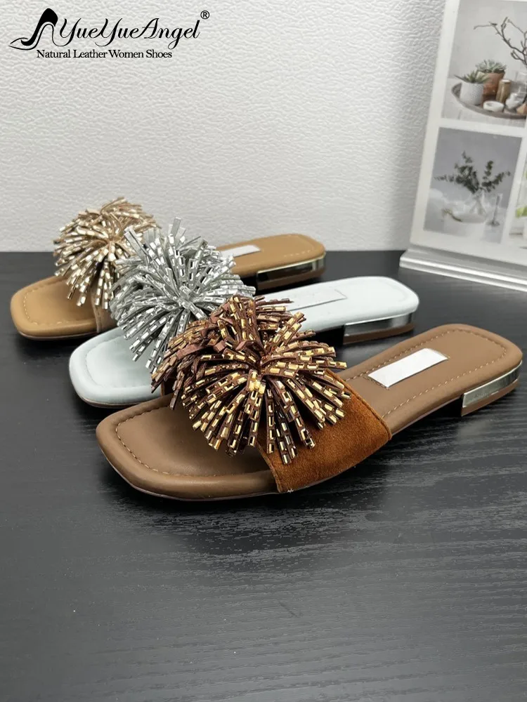 Summer Outside Women Sequined Beading Tassels Slippers Open Toe Slip On Slides Comfortable Low Heels Real Suede Leather Slippers
Summer Outside Women Sequined Beading Tassels Slippers Open Toe Slip On Slides Comfortable Low Heels Real Suede Leather Slippers