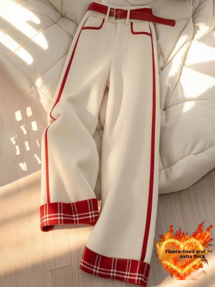 High Waist Fleece Lined Wide Leg Pants Straight Cut Trousers Plaid Splicing Women's Winter Fashion Korean Style Commute Pants
High Waist Fleece Lined Wide Leg Pants Straight Cut Trousers Plaid Splicing Women's Winter Fashion Korean Style Commute Pants