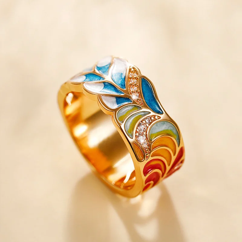Huitan Handmade Enamel Ring for Women Colorful Feather Pattern Gold Color Cubic Zirconia Ring Romantic Bridal Wedding Jewelry
Huitan Handmade Enamel Ring for Women Colorful Feather Pattern Gold Color Cubic Zirconia Ring Romantic Bridal Wedding Jewelry
