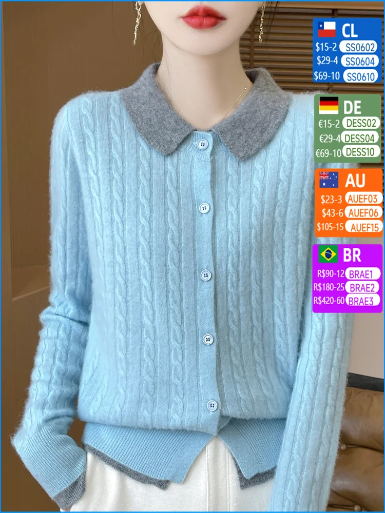 Women Polo Neck Cardigan 100% Merino Wool Sweater Autumn Winter Twisted Flower Splicing Shirt Lady Cashmere Knitwear Clothing
Women Polo Neck Cardigan 100% Merino Wool Sweater Autumn Winter Twisted Flower Splicing Shirt Lady Cashmere Knitwear Clothing