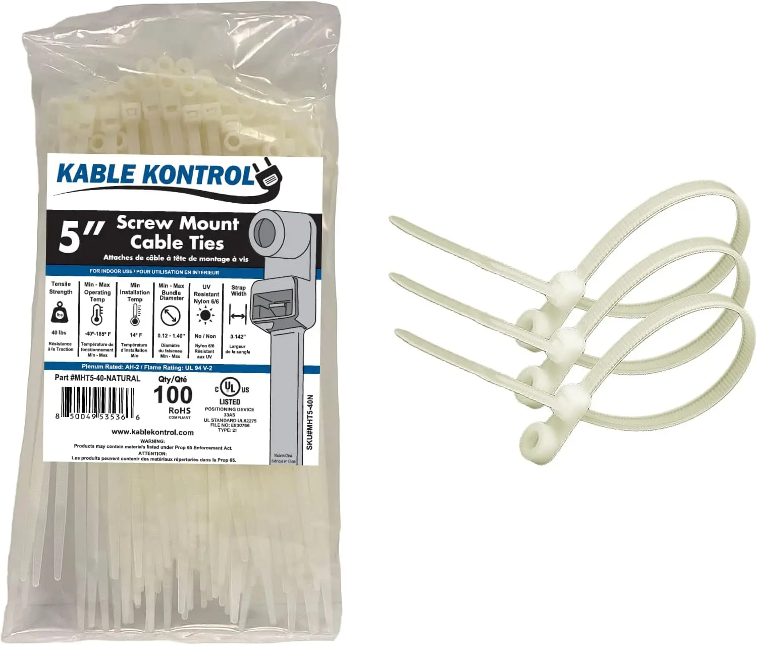 5" Zip Ties with Screw Hole, 100-Pack, 40Lbs, Natural, Self-Locking, Indoor/Outdoor
5" Zip Ties with Screw Hole, 100-Pack, 40Lbs, Natural, Self-Locking, Indoor/Outdoor