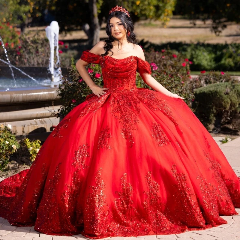 Customized Red Quinceanera Dresses Applique Lace Bow Beads Tull Off The Shoulder Birthday Party Dress Ball Gown Vestidos De XV
Customized Red Quinceanera Dresses Applique Lace Bow Beads Tull Off The Shoulder Birthday Party Dress Ball Gown Vestidos De XV