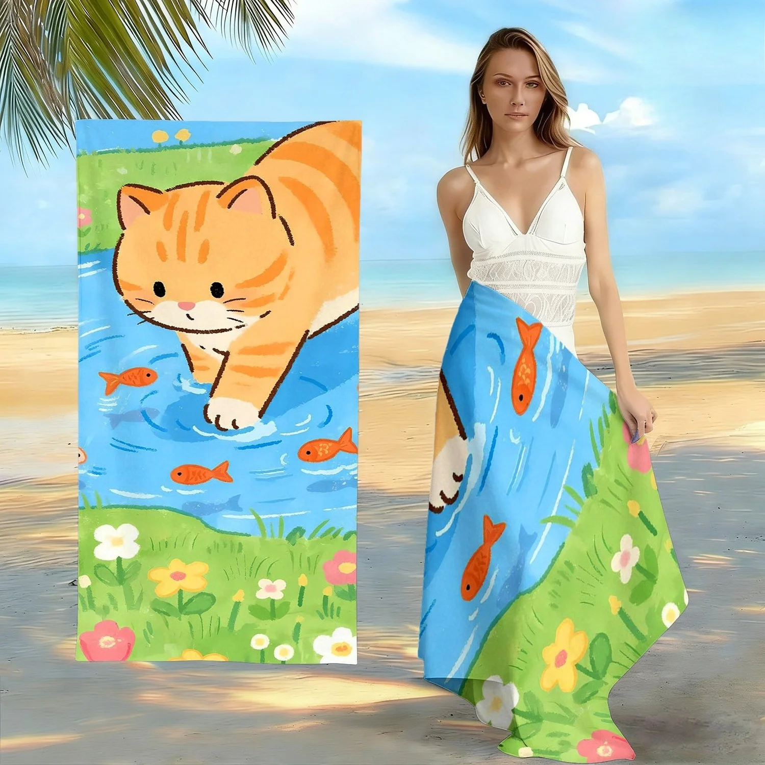 Cute Orange Tabby Cat Beach Towel, Cartoon Cat Fishing Print Oversized Bath Towel, Soft Quick Dry Summer Beach Blanket 1pcs
Cute Orange Tabby Cat Beach Towel, Cartoon Cat Fishing Print Oversized Bath Towel, Soft Quick Dry Summer Beach Blanket 1pcs