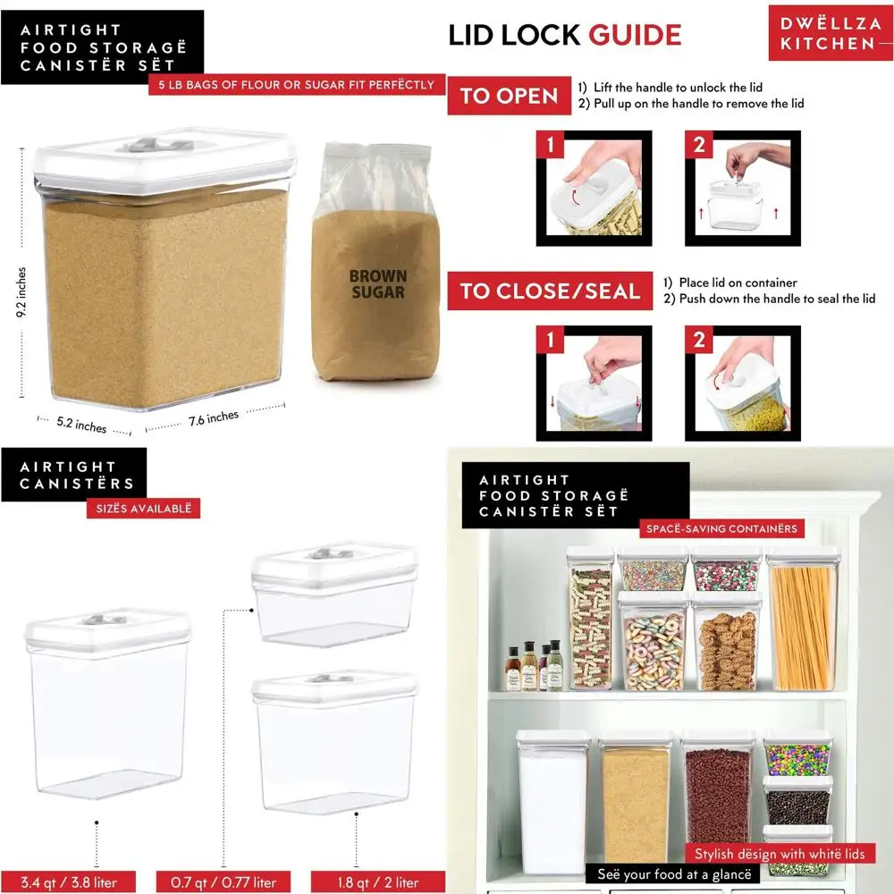 Набор из 4 прозрачных пластиковых герметичных контейнеров для хранения продуктов - Органайзеры для сыпучих продуктов, муки, сахара и крупных запасов - Без BPA, для сохранения свежести
Набор из 4 прозрачных пластиковых герметичных контейнеров для хранения продуктов - Органайзеры для сыпучих продуктов, муки, сахара и крупных запасов - Без BPA, для сохранения свежести