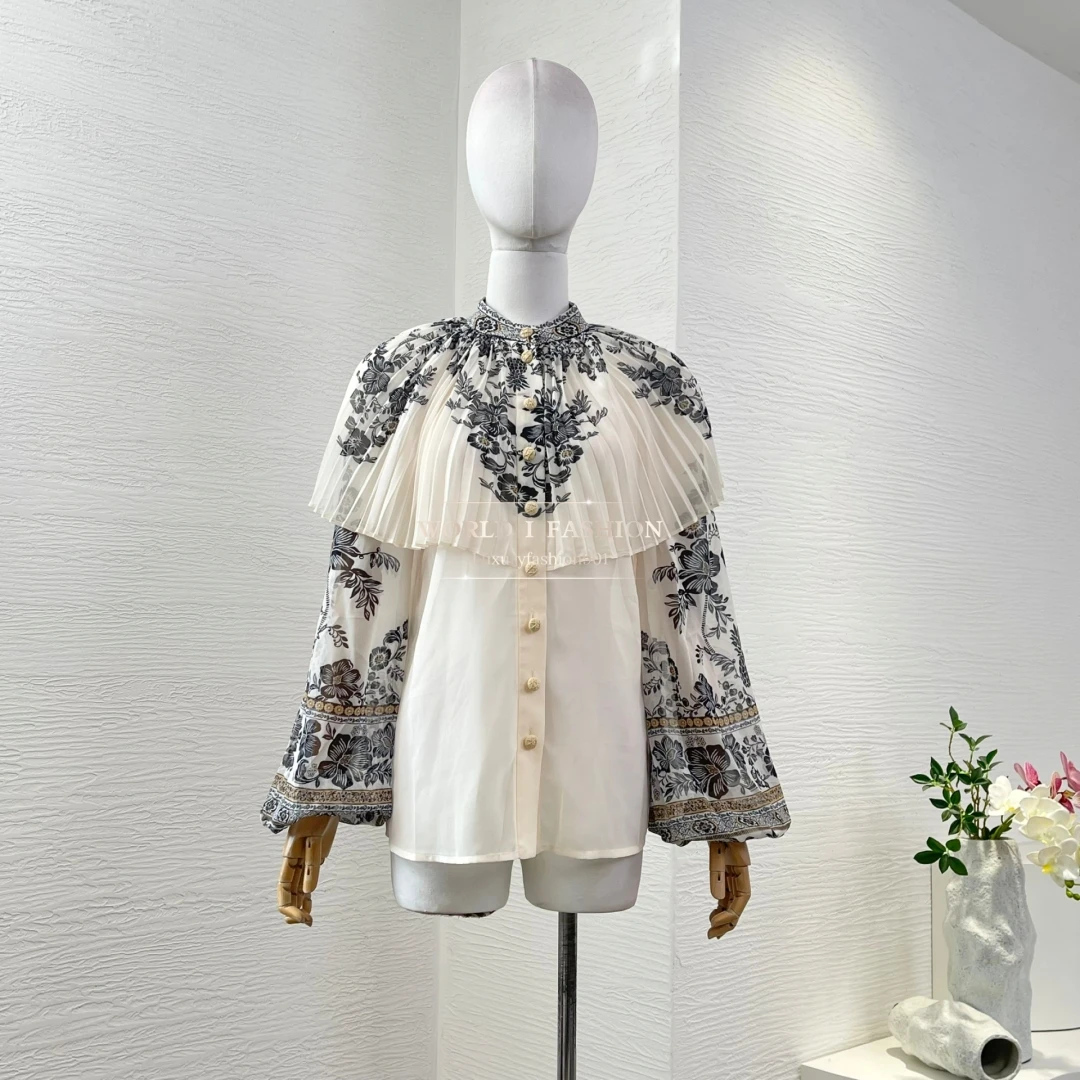 White Floral Print Long Sleeve Lantern Sleeve Pleat See Through Blouse Tops and Midi Skirt Set 2025
White Floral Print Long Sleeve Lantern Sleeve Pleat See Through Blouse Tops and Midi Skirt Set 2025