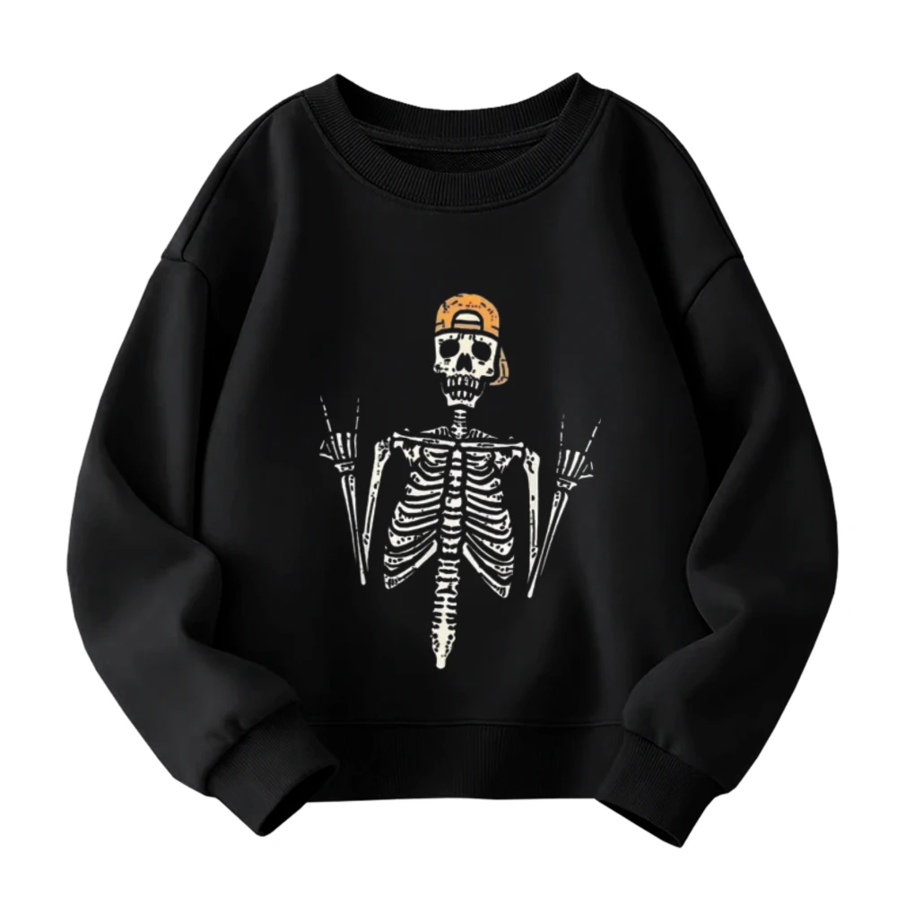 Детская повседневная толстовка с круглым вырезом на Хэллоуин — белая со скелетом в желтой кепке и изготовление знаков на руки в стиле рок
Детская повседневная толстовка с круглым вырезом на Хэллоуин — белая со скелетом в желтой кепке и изготовление знаков на руки в стиле рок