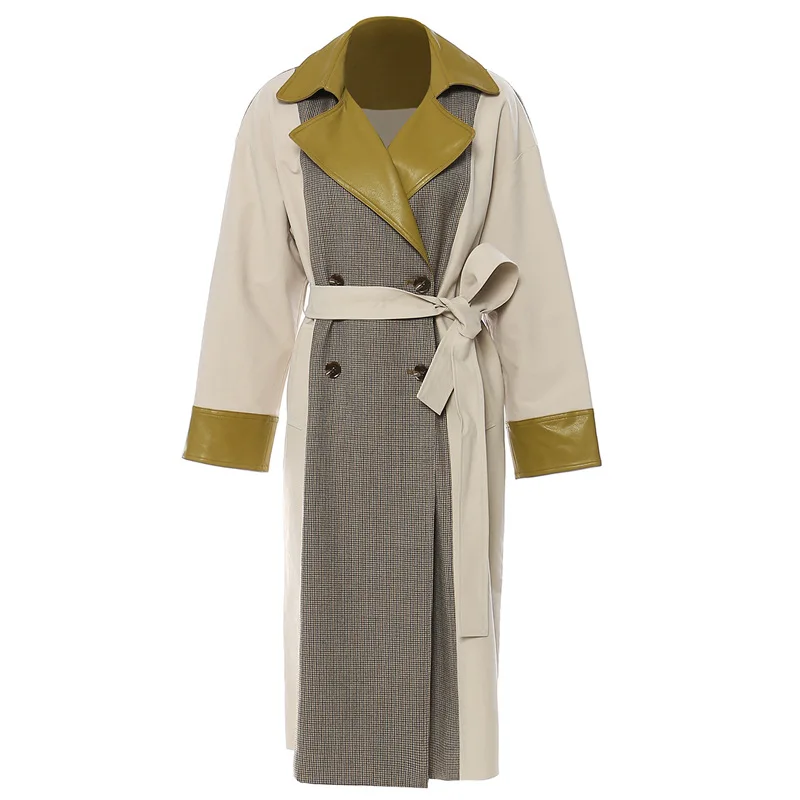 Women English Style Jacket with Contrasting Leather Plaid Pattern and Long Windbreaker
Women English Style Jacket with Contrasting Leather Plaid Pattern and Long Windbreaker