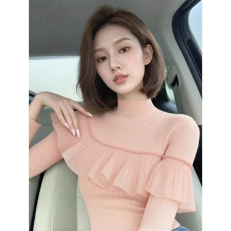 Pink Slim Fit Knitted Sweater Half High Collar Women's Base Shirt Autumn Winter Long Sleeve Top Waist Cinched Floral Decor
Pink Slim Fit Knitted Sweater Half High Collar Women's Base Shirt Autumn Winter Long Sleeve Top Waist Cinched Floral Decor