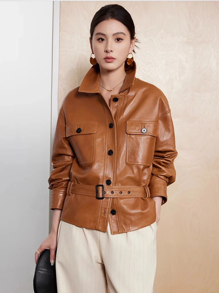 Casual Short Genuine Leather Motorcycle Jackets for Women High-end Simple Solid Soft Oil Wax Slim Real Sheepskin Coat with Belt
Casual Short Genuine Leather Motorcycle Jackets for Women High-end Simple Solid Soft Oil Wax Slim Real Sheepskin Coat with Belt