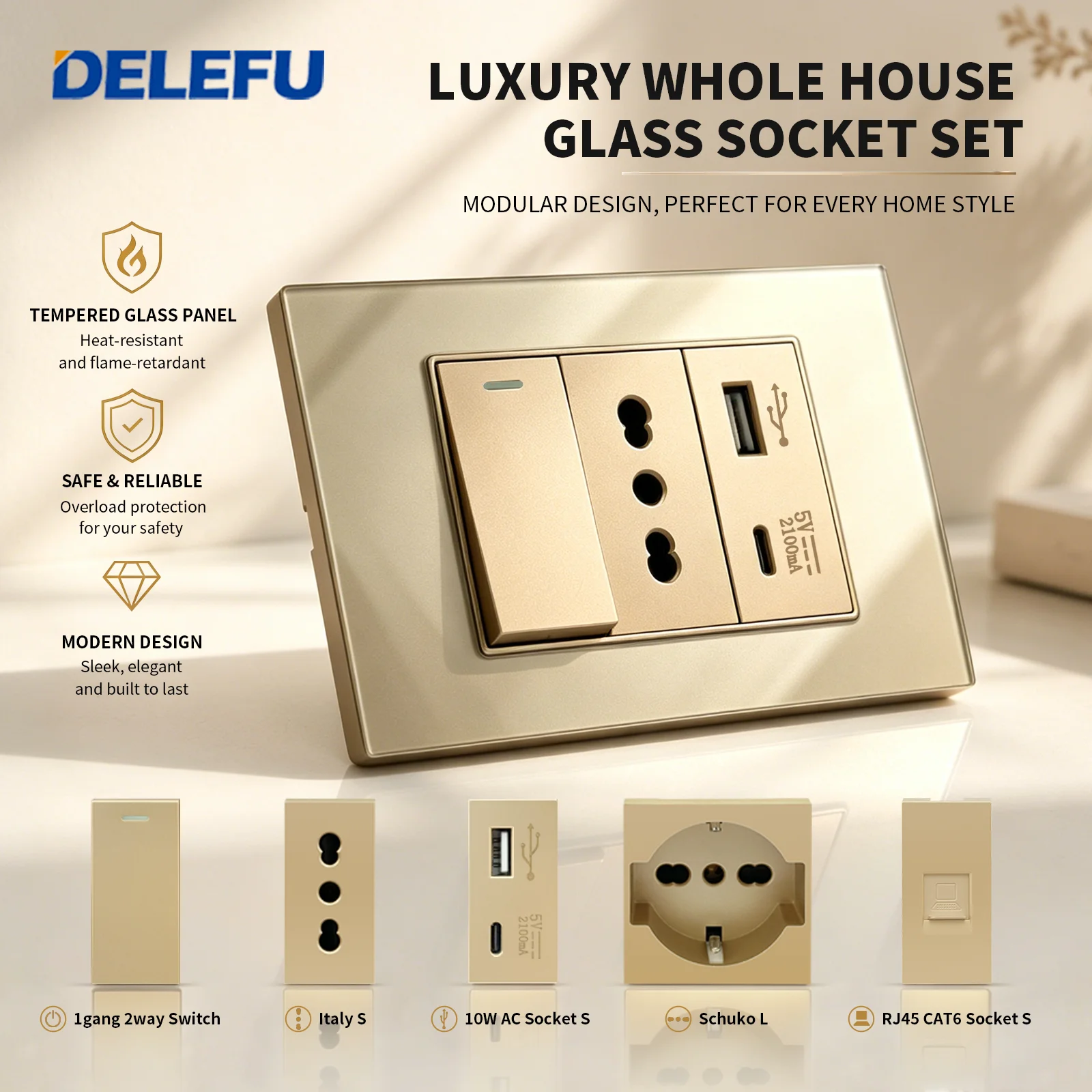 DELEFU Modern Minimalist Golden Whole House Wall Switch & Socket Panel Set For Home Decoration
DELEFU Modern Minimalist Golden Whole House Wall Switch & Socket Panel Set For Home Decoration