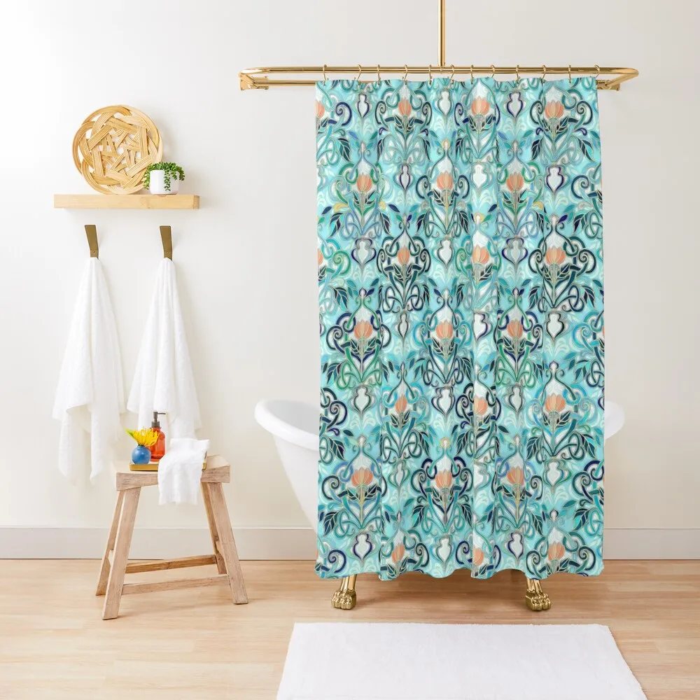 Ocean Aqua Art Nouveau Pattern with Peach Flowers Shower Curtain Waterproof Bathroom Shower Shower For Bathroom Curtain 
Ocean Aqua Art Nouveau Pattern with Peach Flowers Shower Curtain Waterproof Bathroom Shower Shower For Bathroom Curtain