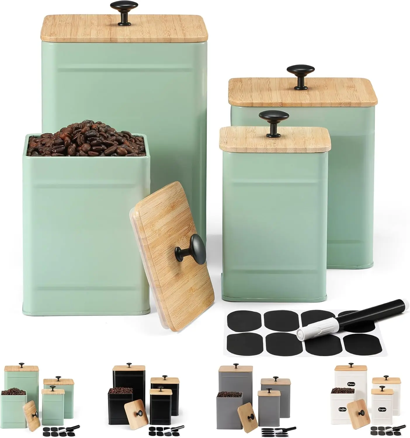 Набор из 4 герметичных кухонных контейнеров цвета шалфейного зеленого для хранения кофе, чая, сахара, муки с этикетками-досками
Набор из 4 герметичных кухонных контейнеров цвета шалфейного зеленого для хранения кофе, чая, сахара, муки с этикетками-досками