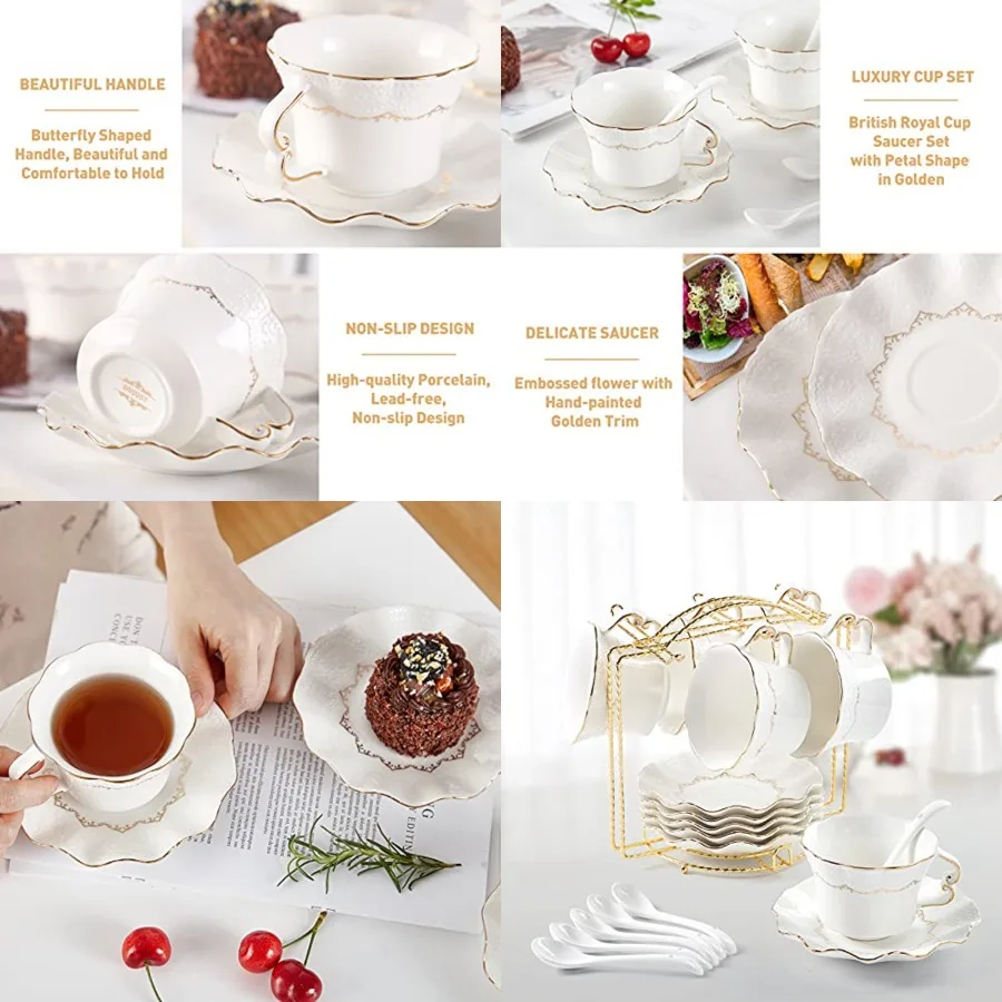 Tea Cups and Saucers with Golden Trim, Set of 6 7 OZ,Luxury Relief Printing Coffee Cups with Metal Stand, British Royal Porcela
Tea Cups and Saucers with Golden Trim, Set of 6 7 OZ,Luxury Relief Printing Coffee Cups with Metal Stand, British Royal Porcela