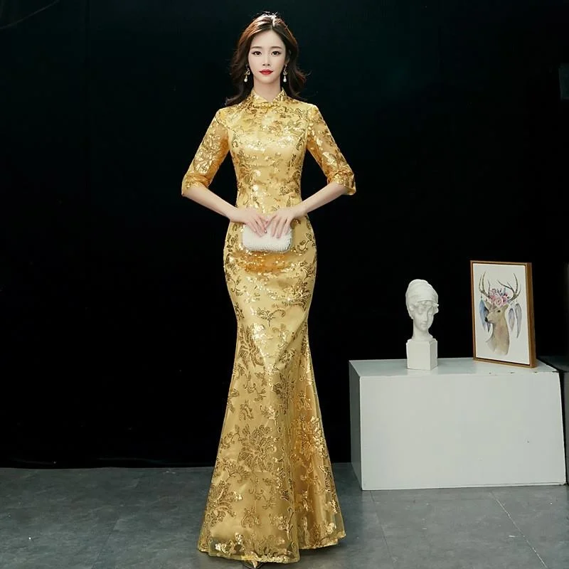 Long Sexy Sleeveless Fish Tail Qipao Evening Gown for Show Performance mid Waist Other Material 100% Autumn New Arrival
Long Sexy Sleeveless Fish Tail Qipao Evening Gown for Show Performance mid Waist Other Material 100% Autumn New Arrival