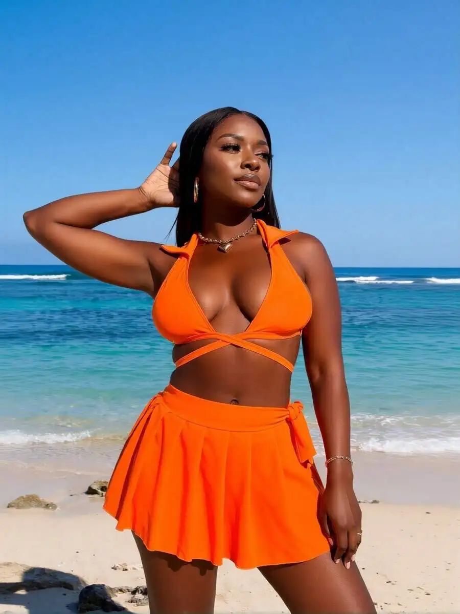 Womens Orange Halter Crop Top And Pleated Mini Skirt Two Piece Set Summer Beach Outfit
Womens Orange Halter Crop Top And Pleated Mini Skirt Two Piece Set Summer Beach Outfit