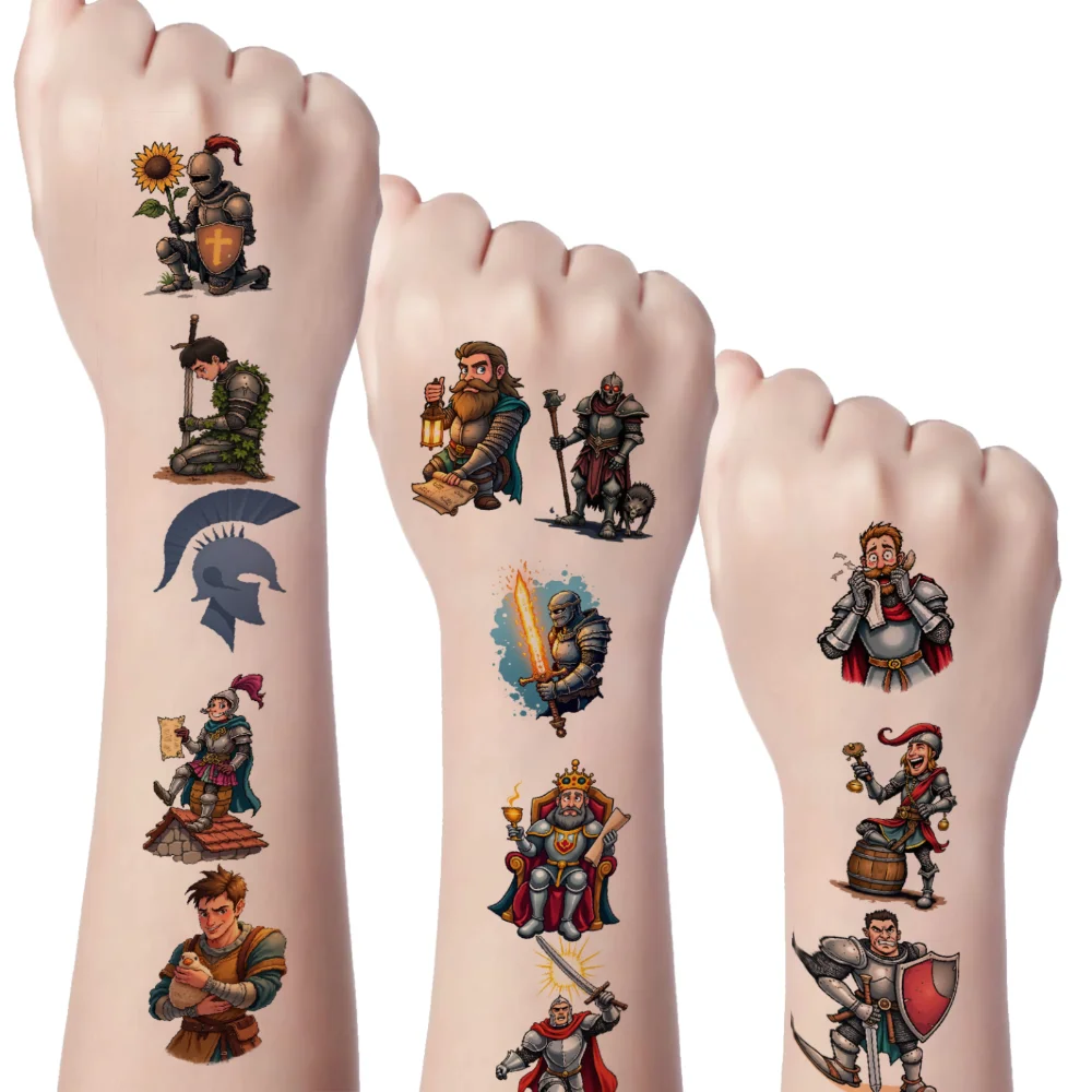 54 шт., временные татуировки, средневековое искусство, водонепроницаемые долговечные наклейки для тела, дизайн меча, рыцарские иллюстрации для девочек и детей
54 шт., временные татуировки, средневековое искусство, водонепроницаемые долговечные наклейки для тела, дизайн меча, рыцарские иллюстрации для девочек и детей