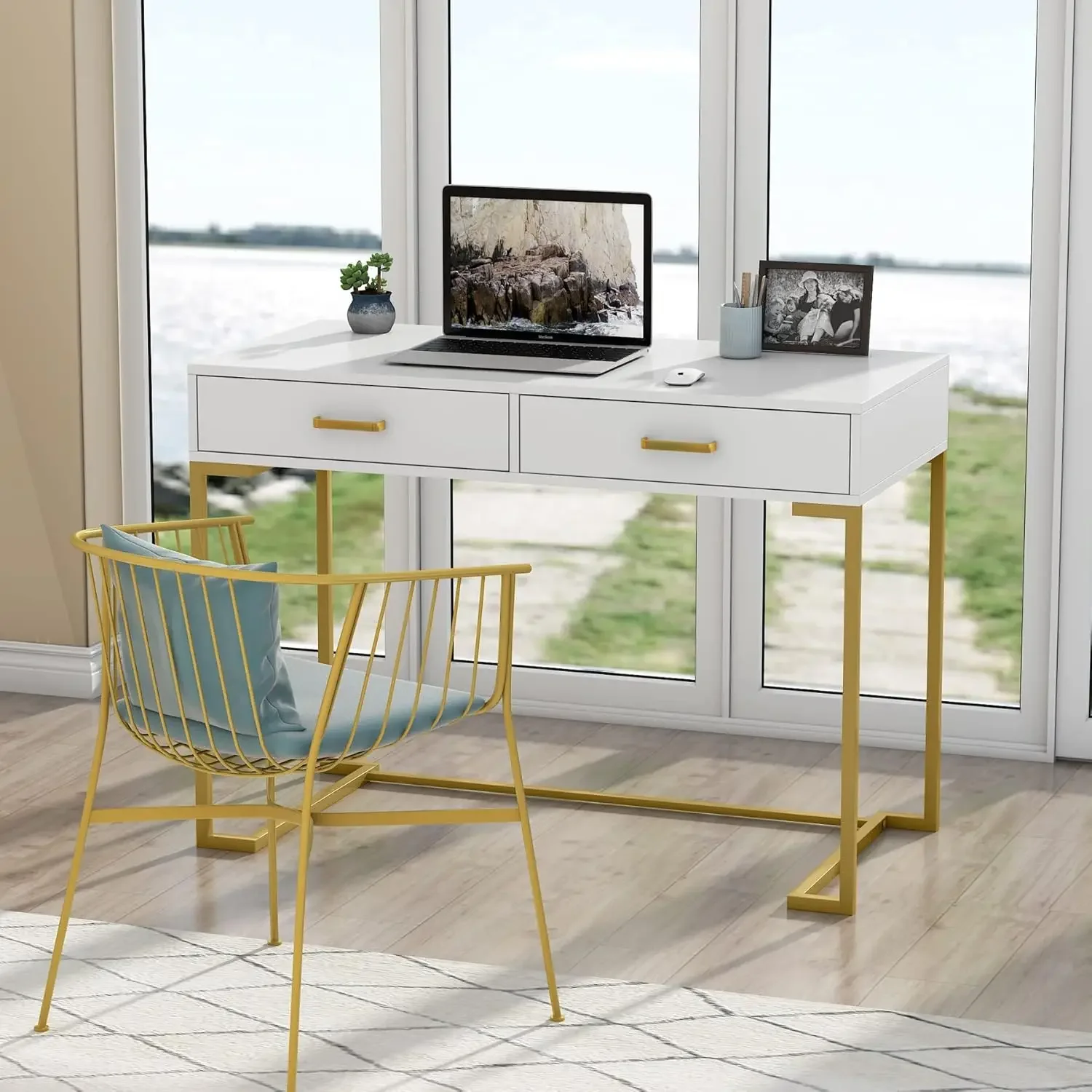 40 Inch Computer Desk, White and Gold Desk with 2 Drawers, Modern Simple Home Office Desk
40 Inch Computer Desk, White and Gold Desk with 2 Drawers, Modern Simple Home Office Desk