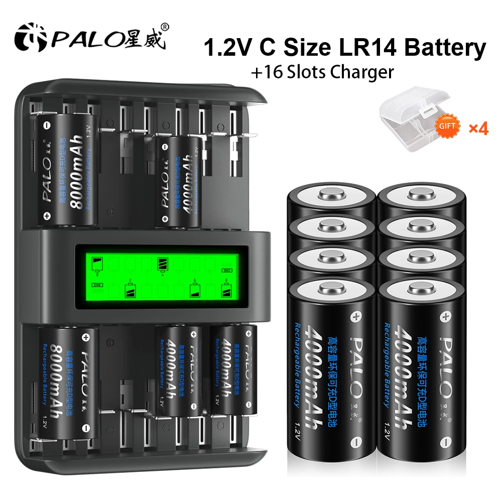 PALO C Size Battery 4000mAh 1.2V R14 C Rechargeable Battery with LCD Smart Charger for 1.2V AA/AAA C/D Ni-MH Ni-CD batteries
PALO C Size Battery 4000mAh 1.2V R14 C Rechargeable Battery with LCD Smart Charger for 1.2V AA/AAA C/D Ni-MH Ni-CD batteries