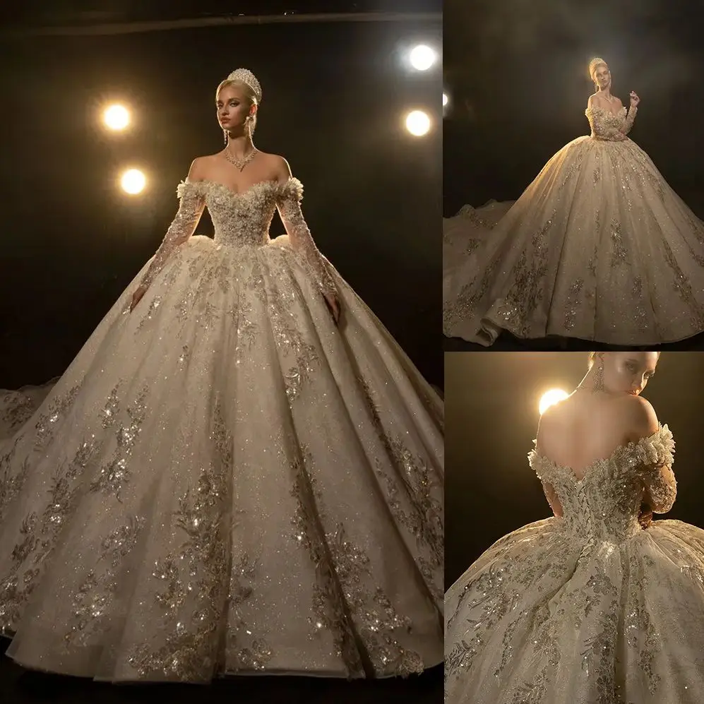 Exquisite Shiny Wedding Dress Ball Gown Custom Made Off The Shoulder Long Sleeve Sequins Long Train Church Bridal Dresses
Exquisite Shiny Wedding Dress Ball Gown Custom Made Off The Shoulder Long Sleeve Sequins Long Train Church Bridal Dresses