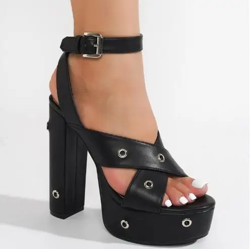 Black Leather Sliver Metal Decor Eyelet Platform Cross Strap Chunky Heels Sandals Summer Women Ankle Buckle High Heels Pumps
Black Leather Sliver Metal Decor Eyelet Platform Cross Strap Chunky Heels Sandals Summer Women Ankle Buckle High Heels Pumps