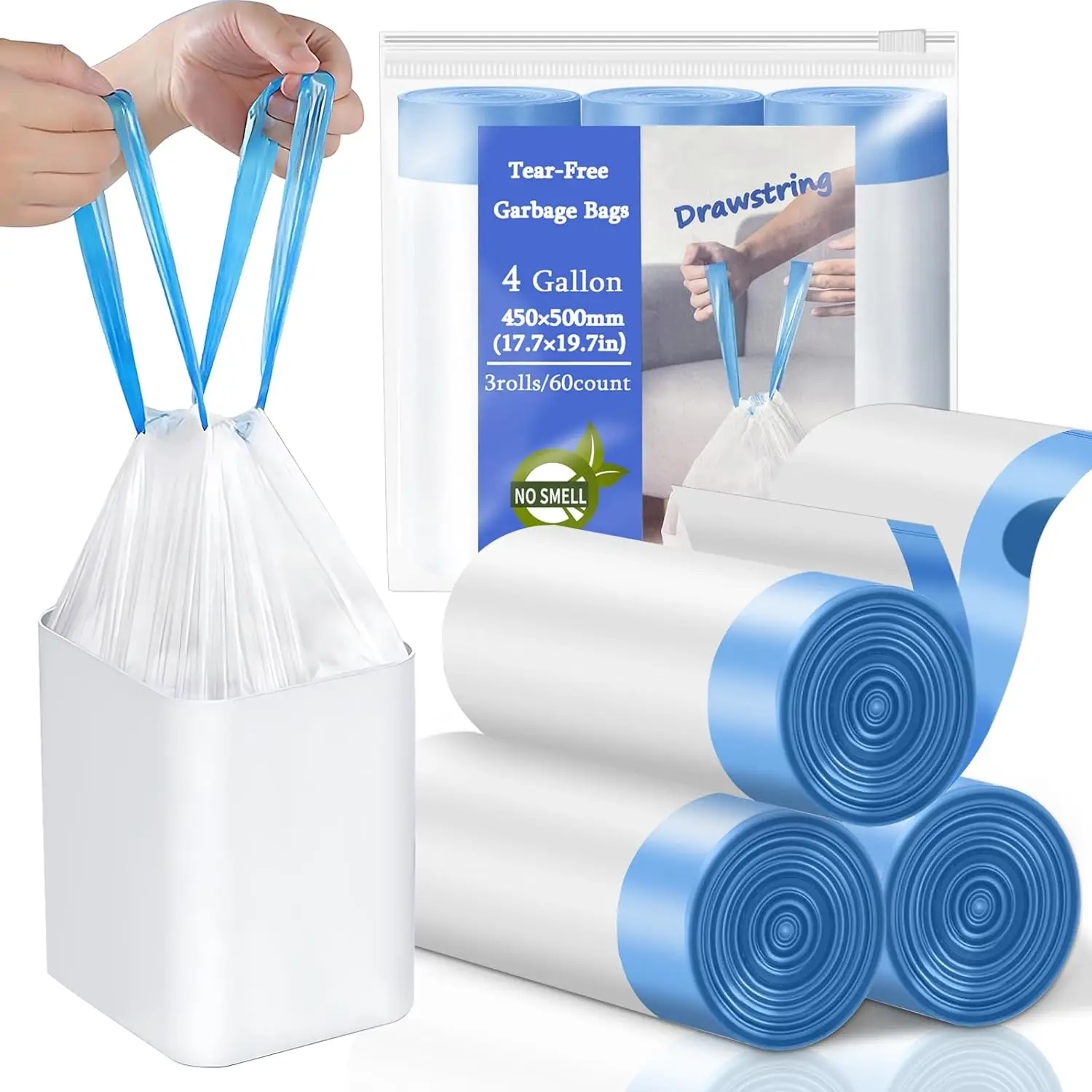 4 Gallon Trash Bags Drawstring, Small Trash Bags Tear-Free, 4 Gal Unscented White Small Garbage Bags, Separated Thick Plastic Wastebasket Liners for Toilet Home Office and Bedroom, 60 Count
4 Gallon Trash Bags Drawstring, Small Trash Bags Tear-Free, 4 Gal Unscented White Small Garbage Bags, Separated Thick Plastic Wastebasket Liners for Toilet Home Office and Bedroom, 60 Count