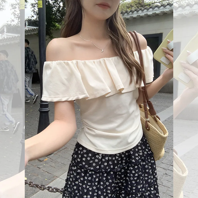 One Neck Off Shoulder Design Short Sleeved T-Shirt For Women In Summer, New Pleated Waist Slimming Top
One Neck Off Shoulder Design Short Sleeved T-Shirt For Women In Summer, New Pleated Waist Slimming Top