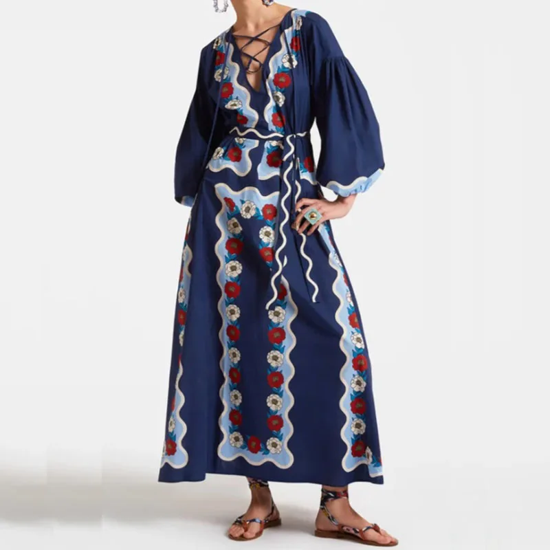 Elegant Pattern Print Temperament Dress Female V Neck Bandage High Waist Big Hem Dress Fashion Casual Holiday Beach Ethnic Dress
Elegant Pattern Print Temperament Dress Female V Neck Bandage High Waist Big Hem Dress Fashion Casual Holiday Beach Ethnic Dress