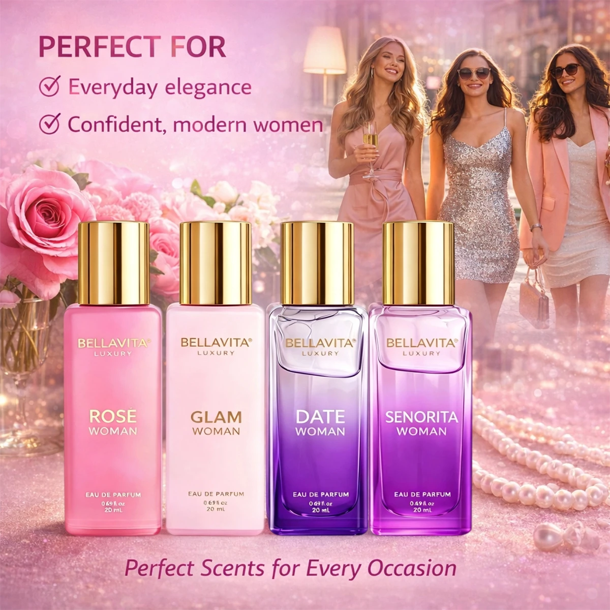 4pcs BellaVita Eau De Parfum Set for Women - Rose, Glam, Date, Senorita Long Lasting Floral Woody Scent
4pcs BellaVita Eau De Parfum Set for Women - Rose, Glam, Date, Senorita Long Lasting Floral Woody Scent